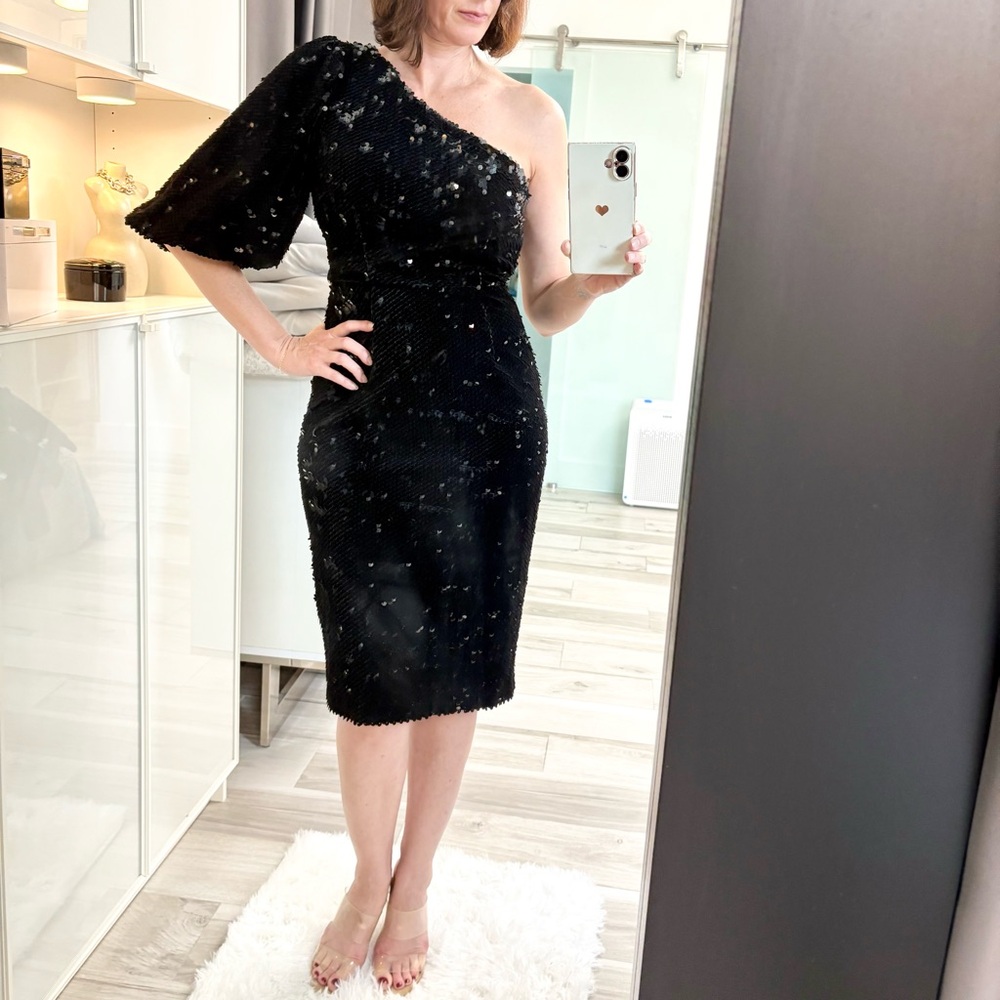 ANTONIO MELANI Black Velvet Sequin One-Shoulder Cocktail Dress